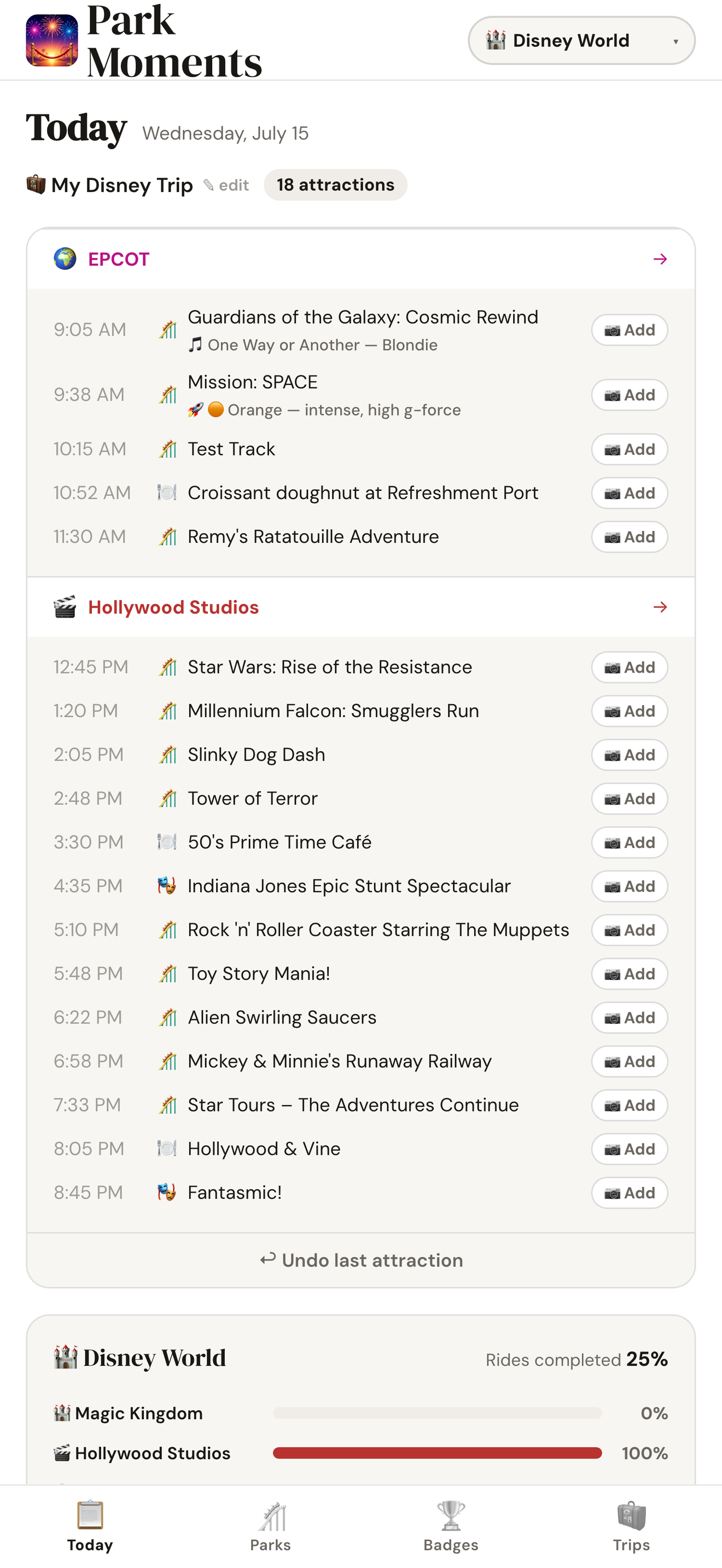 Today screen showing a logged park day